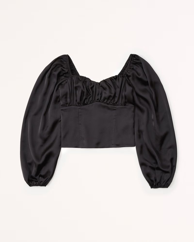 Abercrombie & Fitch Women's Long-Sleeve Satin Ruched Set Top in Black - Size XXS | Abercrombie & Fitch (US)