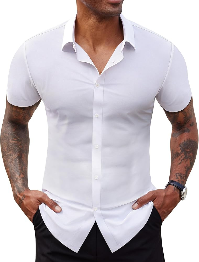 Stretch Dress Shirts for Men Short Sleeve Slim Fit Casual Button Down Shirts Muscle Fit Men's Dre... | Amazon (US)