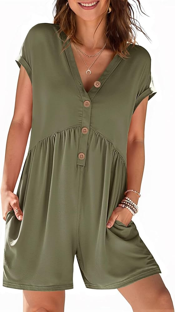 MEROKEETY Rompers for Women Summer 2026 Casual Cap Sleeve V neck Button Short Jumpsuit Overalls B... | Amazon (US)