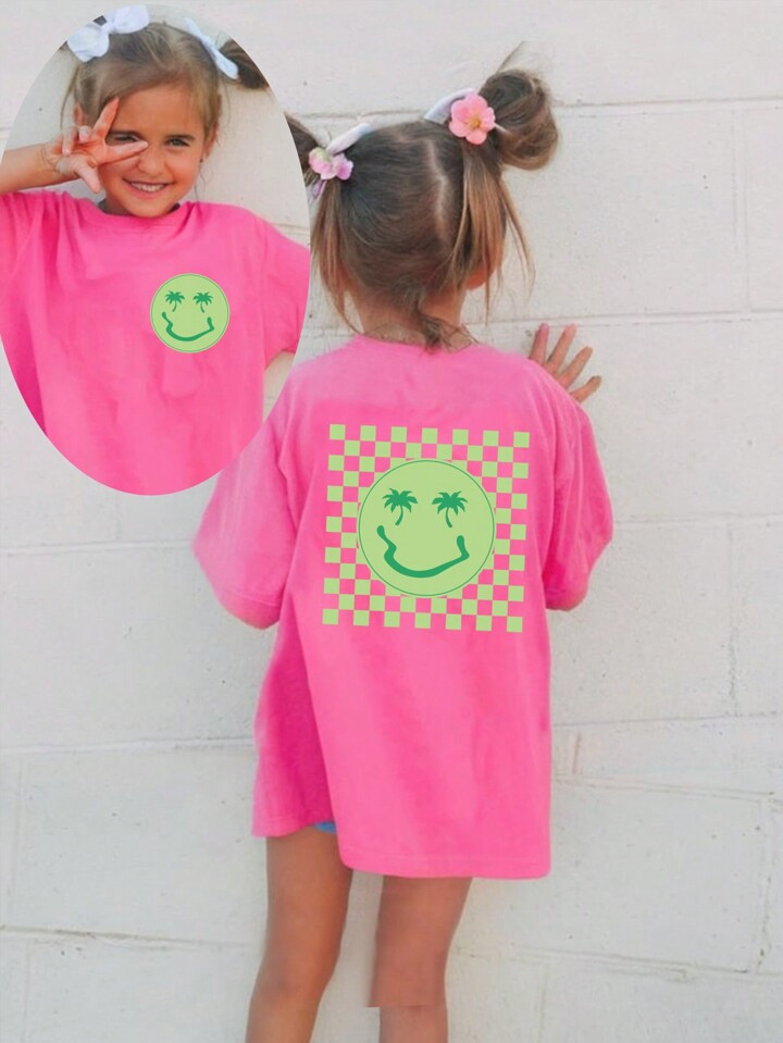 Young Girl Casual Fashionable Grid & Smiling Face Printed Drop-Shoulder Short Sleeve T-Shirt | SHEIN