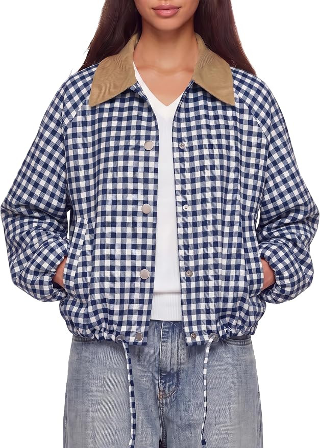 Women's Cropped Jacket Gingham Plaid Corduroy Collar Bomber Jacket | Amazon (US)