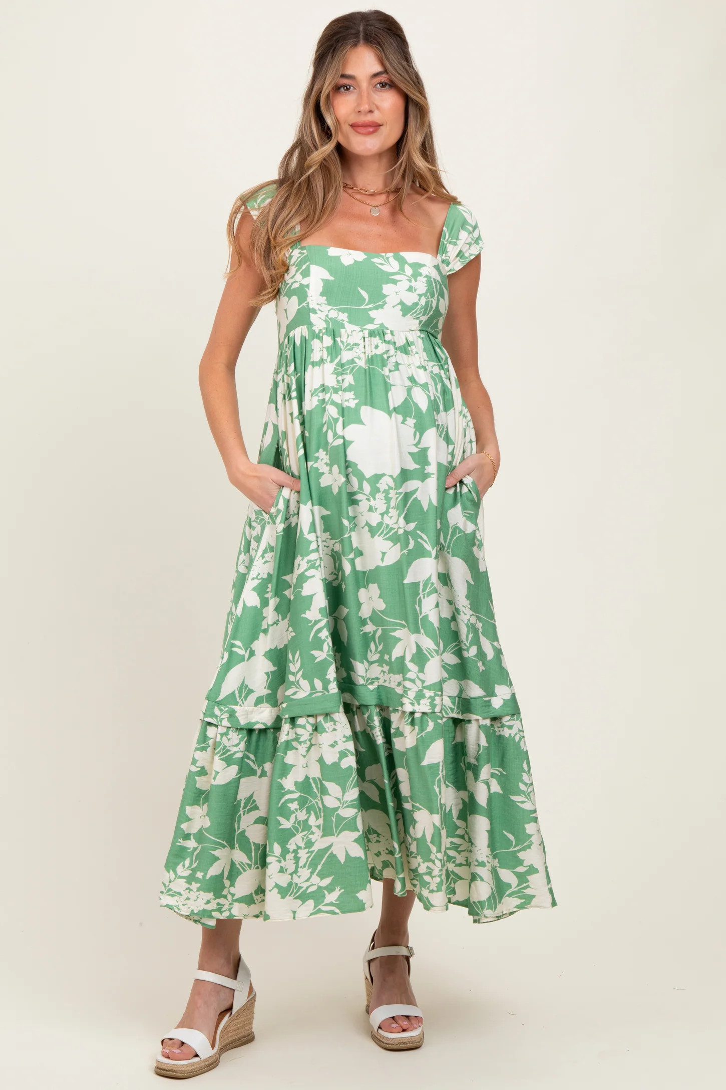 Mint Green Floral Square Neck Maternity Midi Dress | PinkBlush Maternity