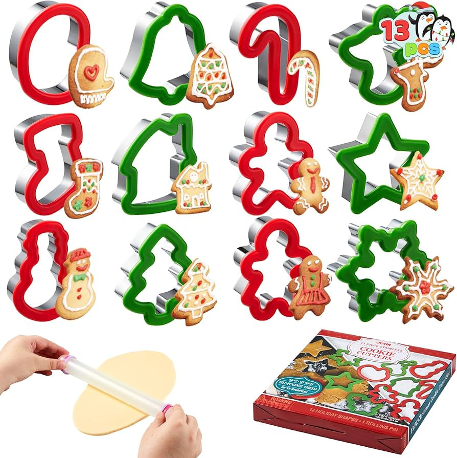 JOYIN 13 Pcs Christmas Cookie Cutters in Stainless Steel with 3.5í plus Grip and a Rolling Pin f... | Amazon (US)