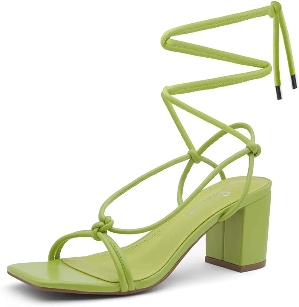 Shoe Land SL-Sweets Women's Lace Up Low Chunky heeled sandals Square Open Toe Strappy Straps Ankl... | Amazon (US)