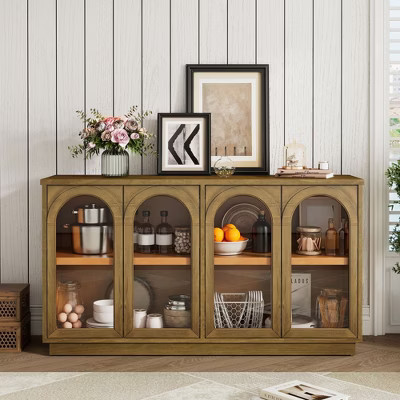 Okak Country Style Sideboard Storage Cabinet with 4 Arched Glass Doors and Adjustable Shelves, Wooden Buffet Cabinet for Kitchen, Old Pine | Target