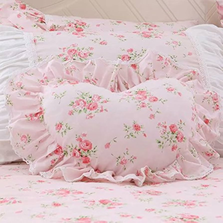 LELVA Floral Ruffle Design Throw Pillow Sham Cushion Pink Heart Decoration Pillow Shaped Sofa Bed... | Amazon (US)