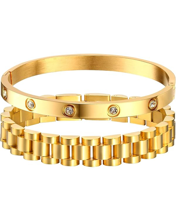 MPRAINBOW 2pcs Gold Chain Link Bracelet - Stainless Steel Love Crystal Friendship Bracelets Bangl... | Amazon (US)