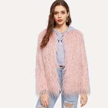 Open Front Solid Faux Fur Coat | SHEIN