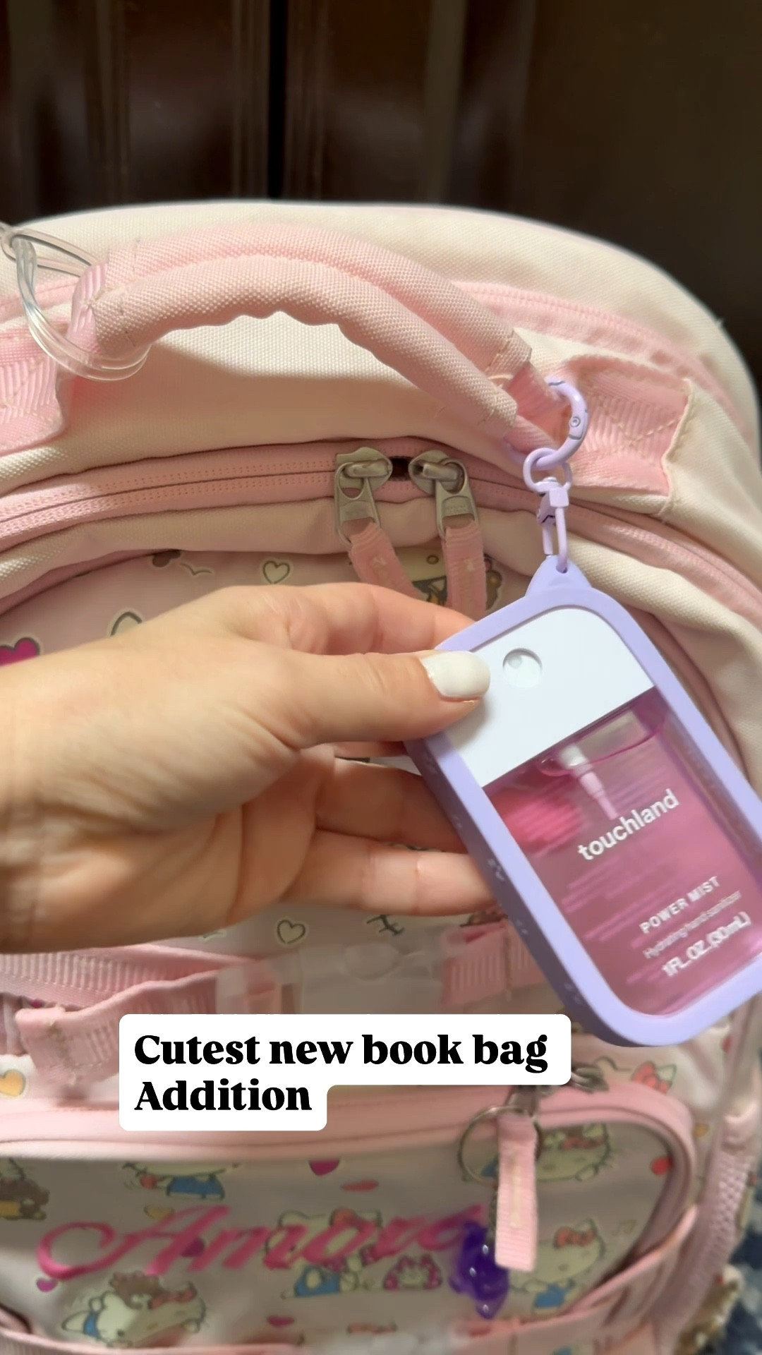 Hello Kitty book bag and Touchland hand sanitizer and kitty cat Touchland case. 
Book bag is awesome quality. It’s Pottery Barn Kids. We have the matching lunch box and accessories. 
Touchland is awesome hand sanitizer. Smells great too  

#LTKmomlife #LTKKids #LTKCyberWeek