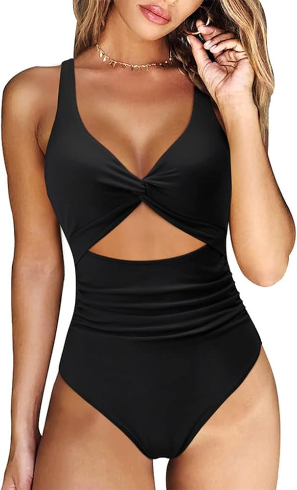 RXRXCOCO Women Front Cross Cutout One Piece Swimsuit Tummy Control High Waisted Monokini Bathing Sui | Amazon (US)