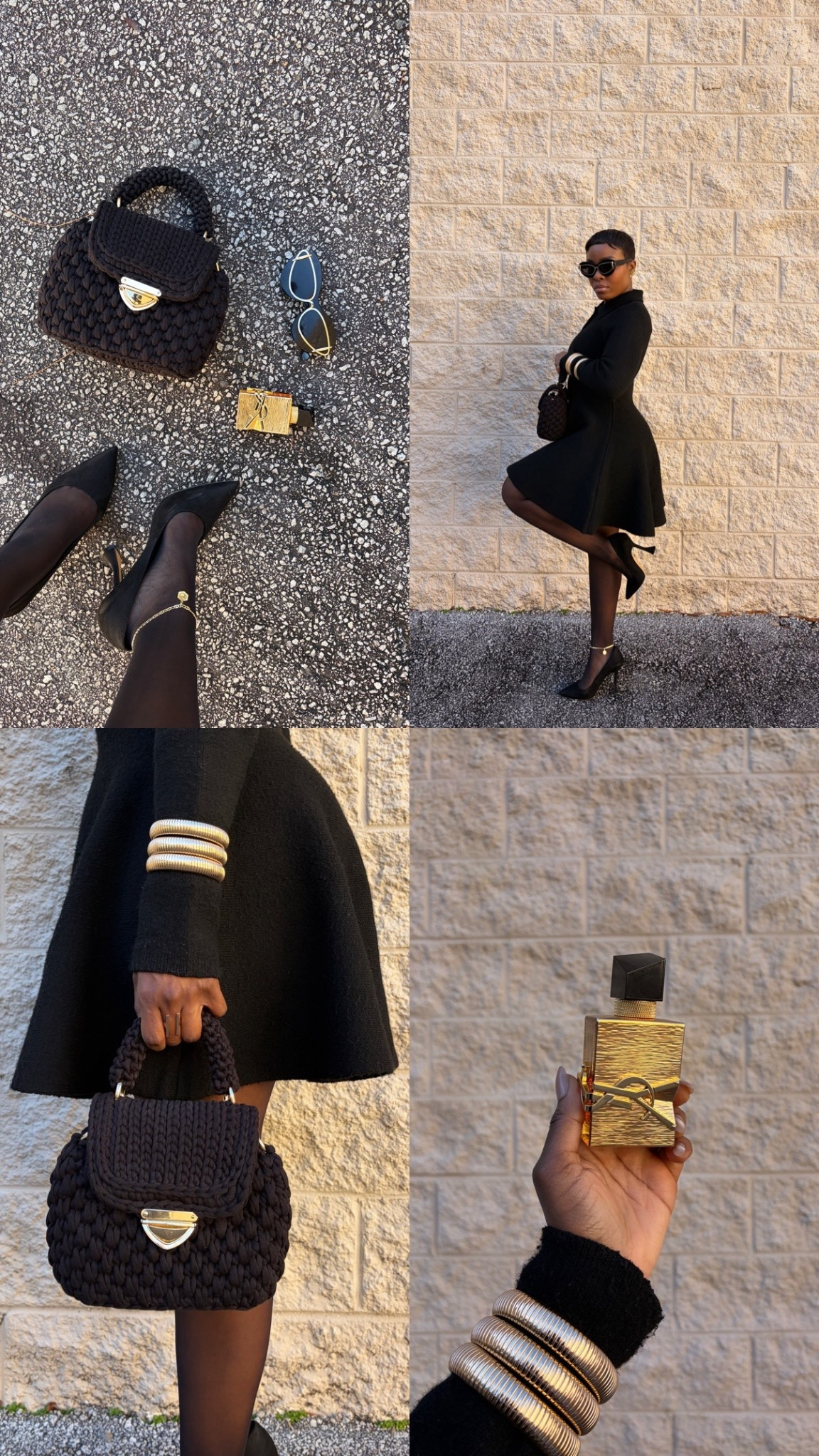 Winter and fall dress, anthropologie dress, skater style dress, YSL, perfume, black and gold outfit