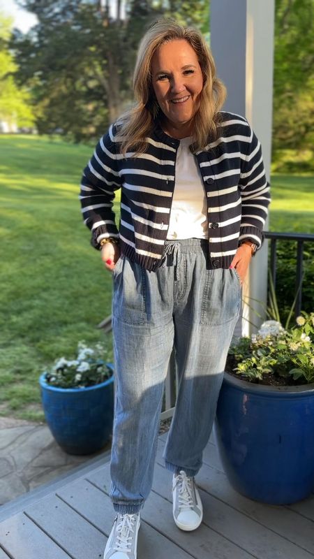 Tencel chambray joggers are soooooo soft. Relaxed California style outfit. I’m wearing an XL in all the pieces, and they are quite for me. I believe that’s how the brand is meant to fit very relaxed, but if you want it more fitted, you can order your smaller size.

Splendid La is the epitome of relaxed California style. Use code NANETTESP24 for 20% off. 

Striped cropped cardigan chambray joggers denim joggers white tee 

Travel outfit vacation outfit casual spring outfit 

#LTKtravel #LTKmidsize #LTKover40