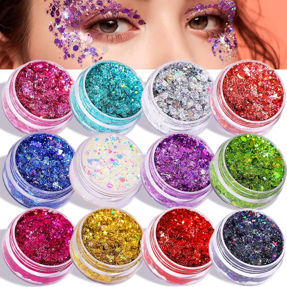 Teenitor Face Glitter Body Glitter Makeup Glitter Gel Hair Glitter, 12 Colors Body and Face Glitt... | Amazon (US)