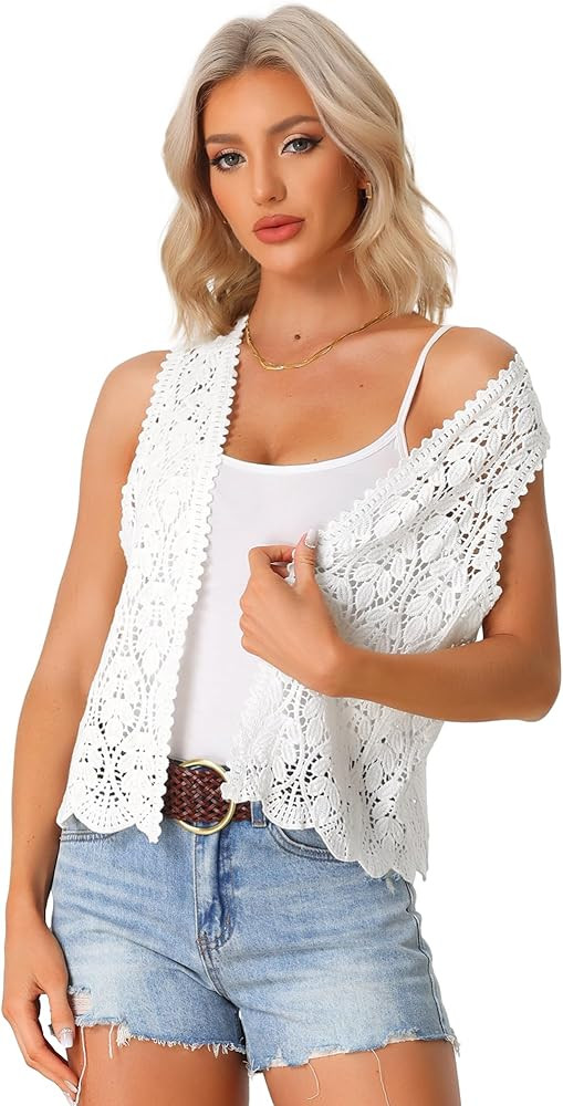 Allegra K Women's Floral Crochet Hollow Out Sleeveless Open Front Boho Vest Cardigan | Amazon (US)