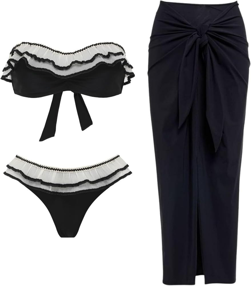 FLAXMAKER Women Fashionable Elegant Double Ruffle Color Block Sexy Bikini Set Swimsuit and Sarong | Amazon (US)