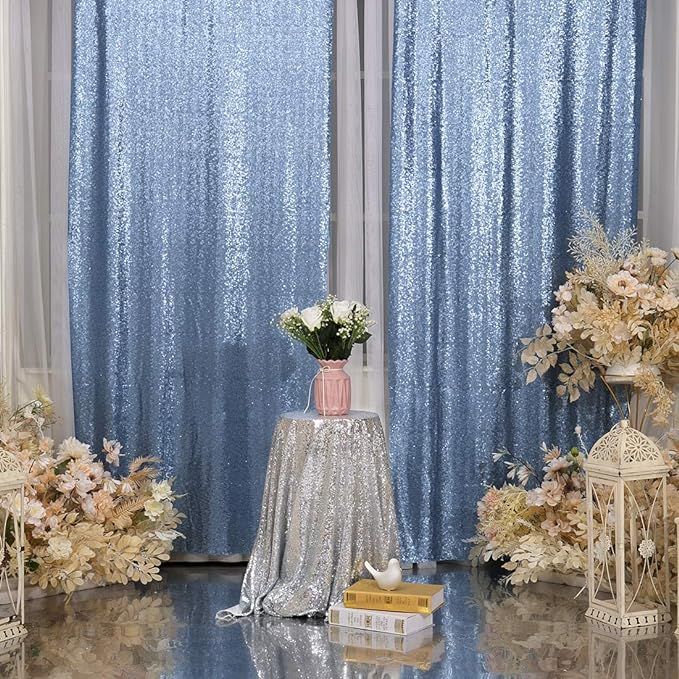 2Pcs 3Ft x 8Ft Baby Blue Sequin Backdrop Curtain, Glitter Photography Background, Sequence Xmas T... | Amazon (US)