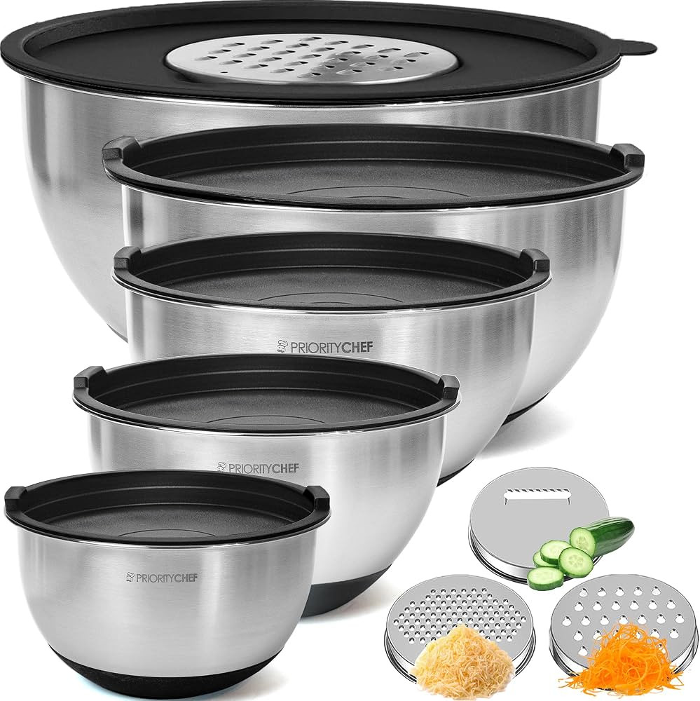 Priority Chef Stainless Steel Mixing Bowls with Lids Set, 3 Grater Attachments, Airtight Lids, No... | Amazon (US)