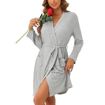 cheibear Women's Ribbed Knit Front Tie Knee Length with Pockets Bathrobe Gray Small | Target