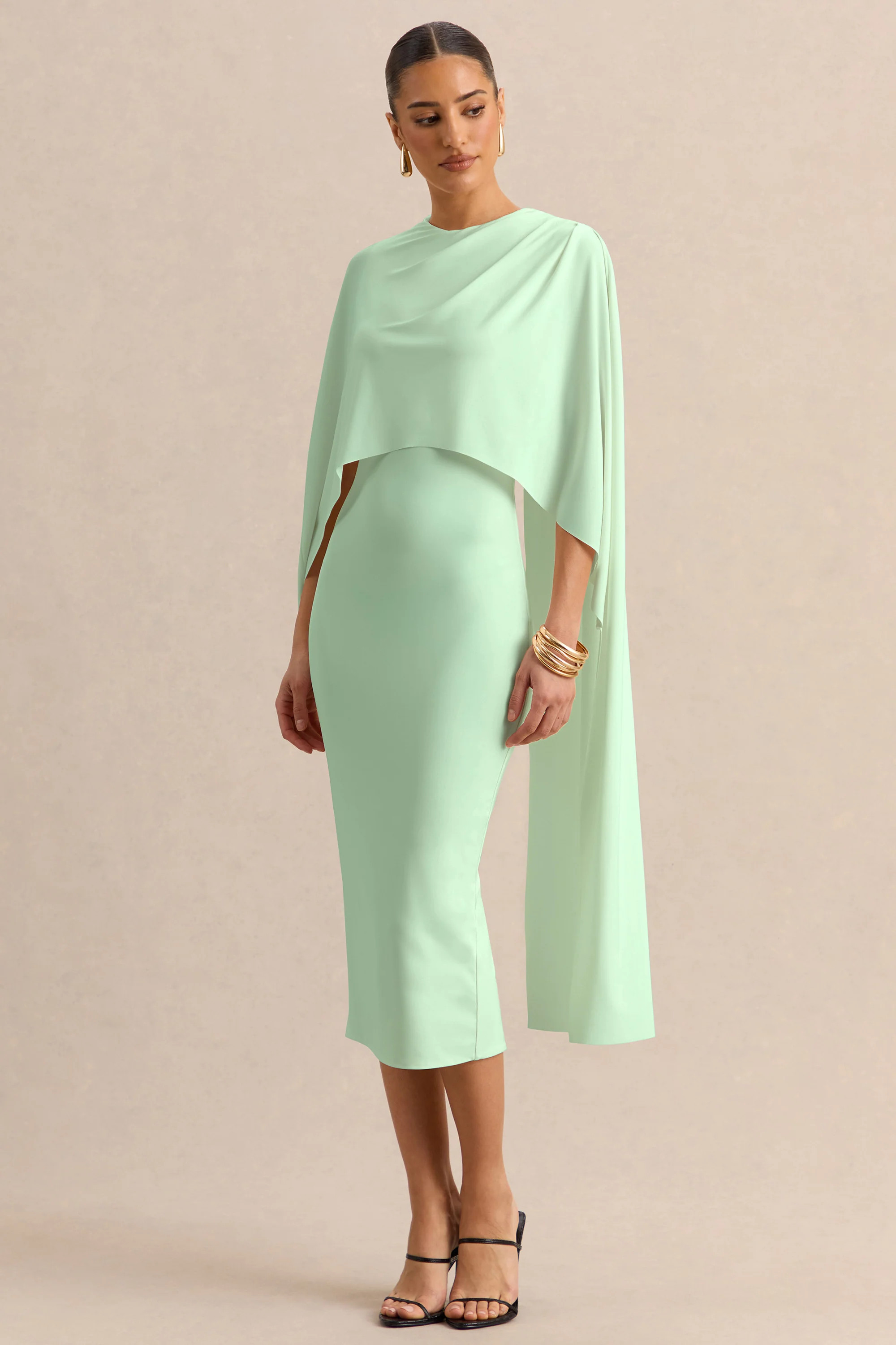Luxalyn | Green Round-Neck Midi Dress With Cape-Detail | Club L London