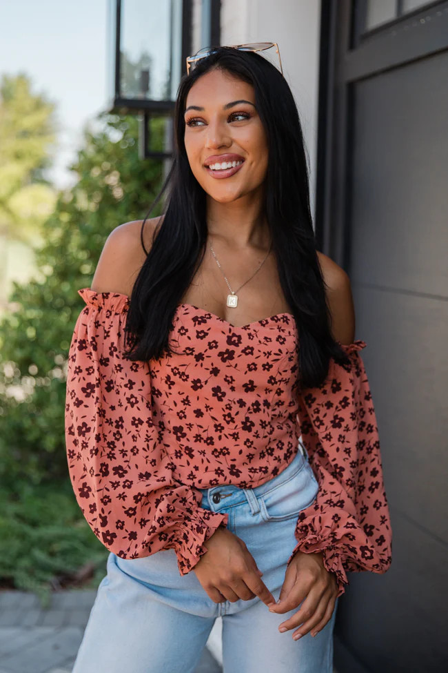 Don't Look Back Brick Floral Print Off The Shoulder Corset Blouse | Pink Lily