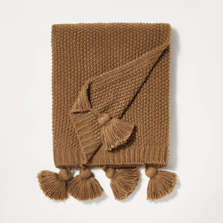 Knitted Throw Blanket with Pom Tassels Brown - Threshold™ designed with Studio McGee | Target