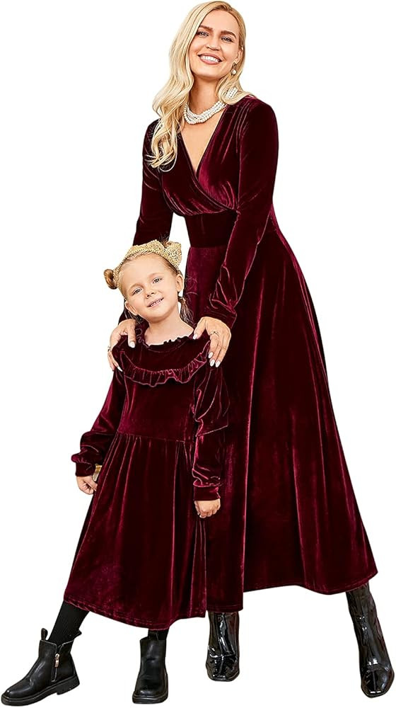 Mumetaz Mommy and Me Dresses Long Sleeve Fashion Velvet Lotus Stretchy Pure Color Puff Sleeve Mat... | Amazon (US)