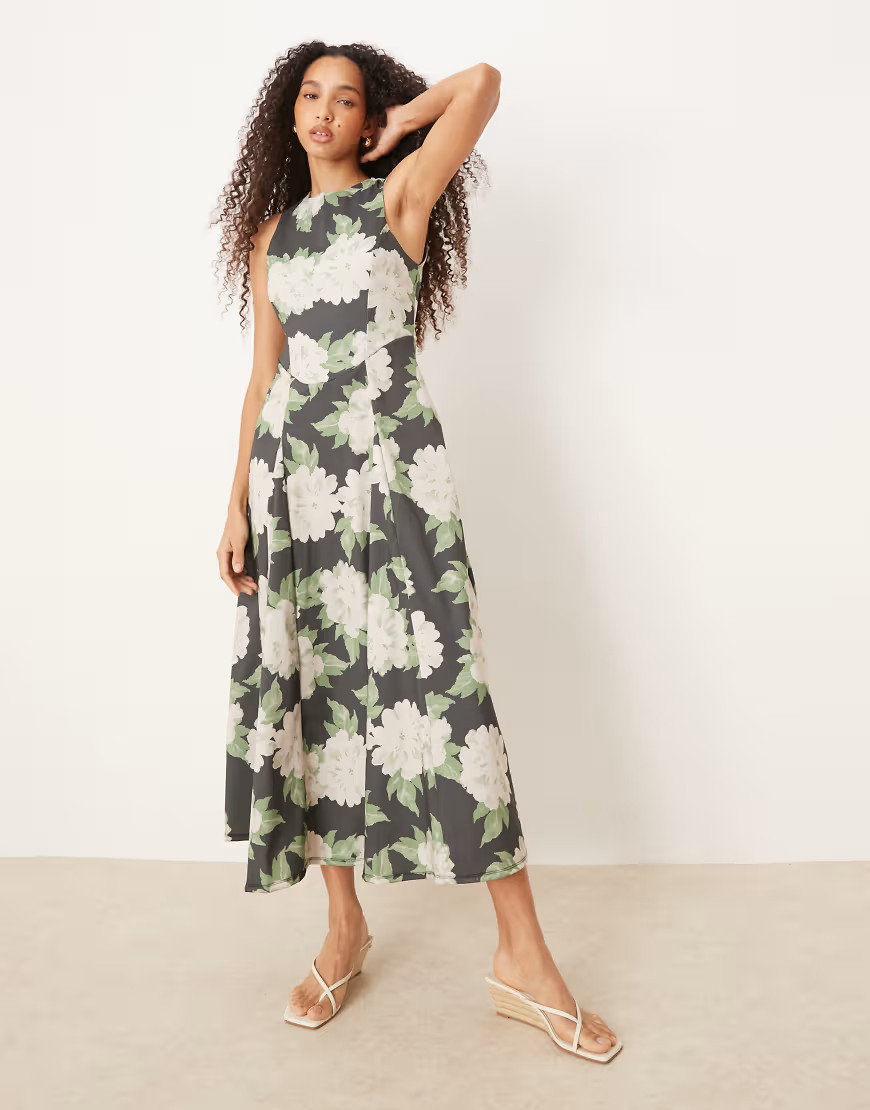ASOS DESIGN sleeveless corset waist midi dress in green floral print-Multi | ASOS (Global)