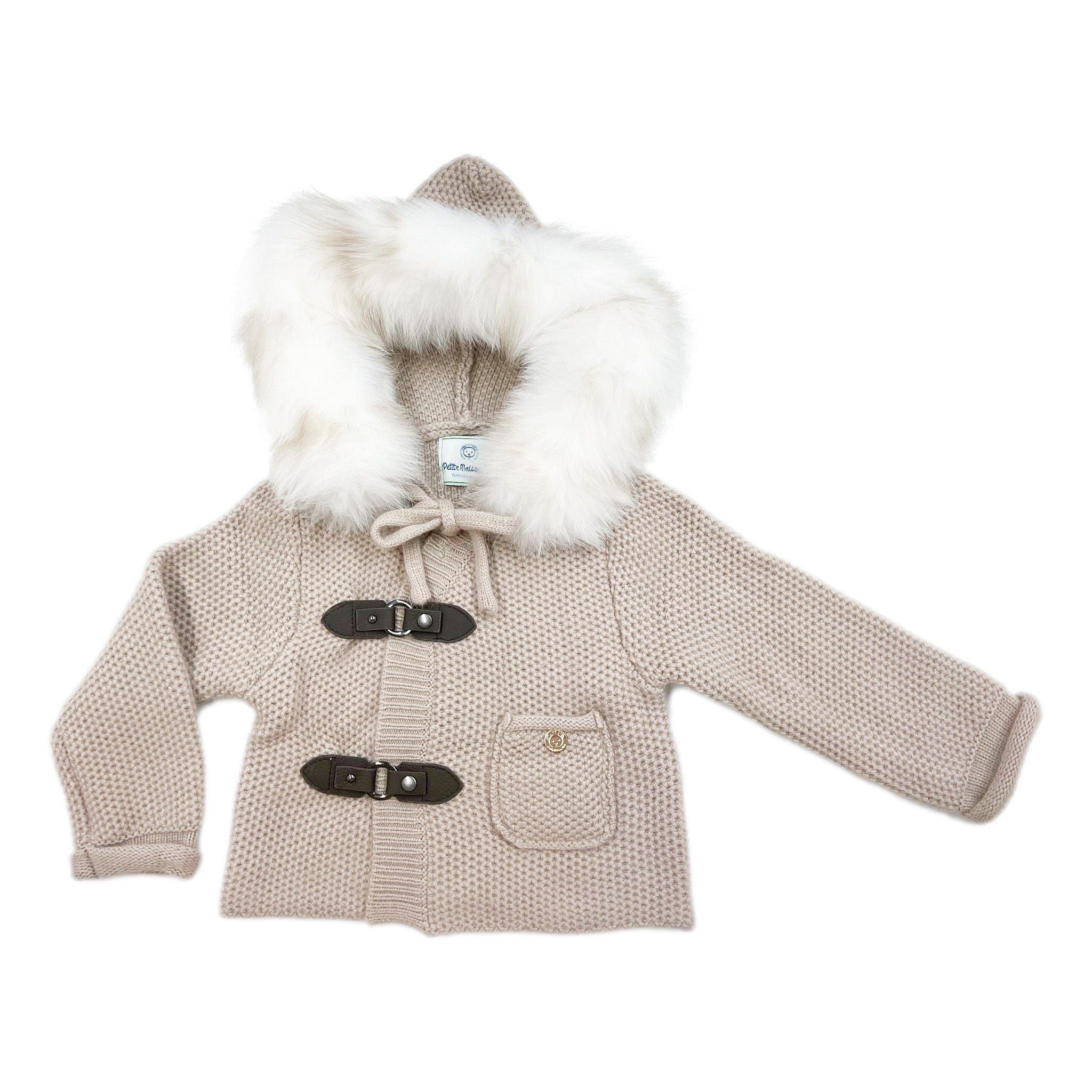 Honeycomb Beige Cashmere Pram Coat with White Print Trim | petite maison kids