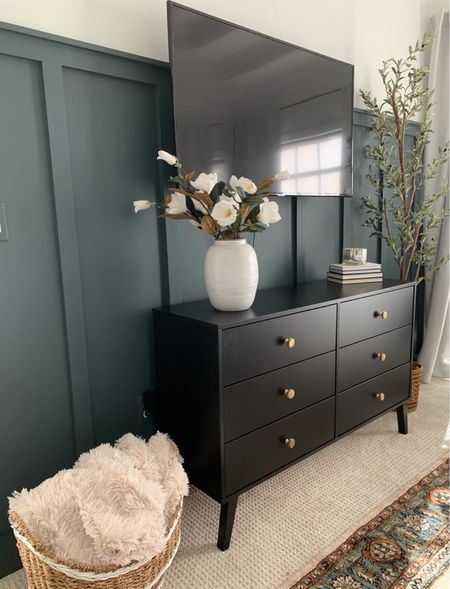 Master bedroom, bedroom reveal, shiplap, accent wall, green wall, black dresser, gold accents, modern bedroom

#LTKhome