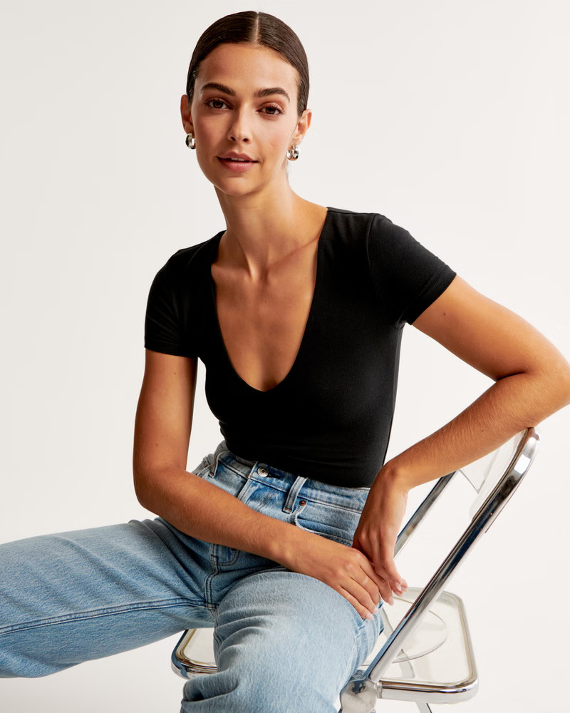 Short-Sleeve Cotton Seamless Fabric V-Neck Bodysuit | Abercrombie & Fitch (US)