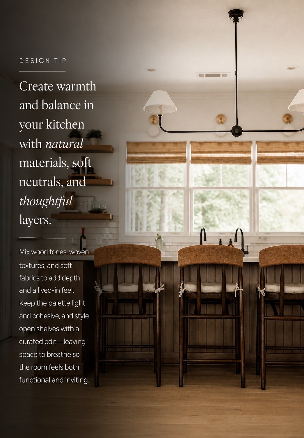 Warm wood tones and natural textures bring so much character to a kitchen 🤎 Layer woven counter stools, wood accents, soft textiles, open shelving, and warm lighting against a neutral palette for a space that feels balanced, inviting, and beautifully lived in.

#porcheandco #KitchenDesign #KitchenInspo #KitchenDecor #HomeStyling

#LTKHome #LTKvlog