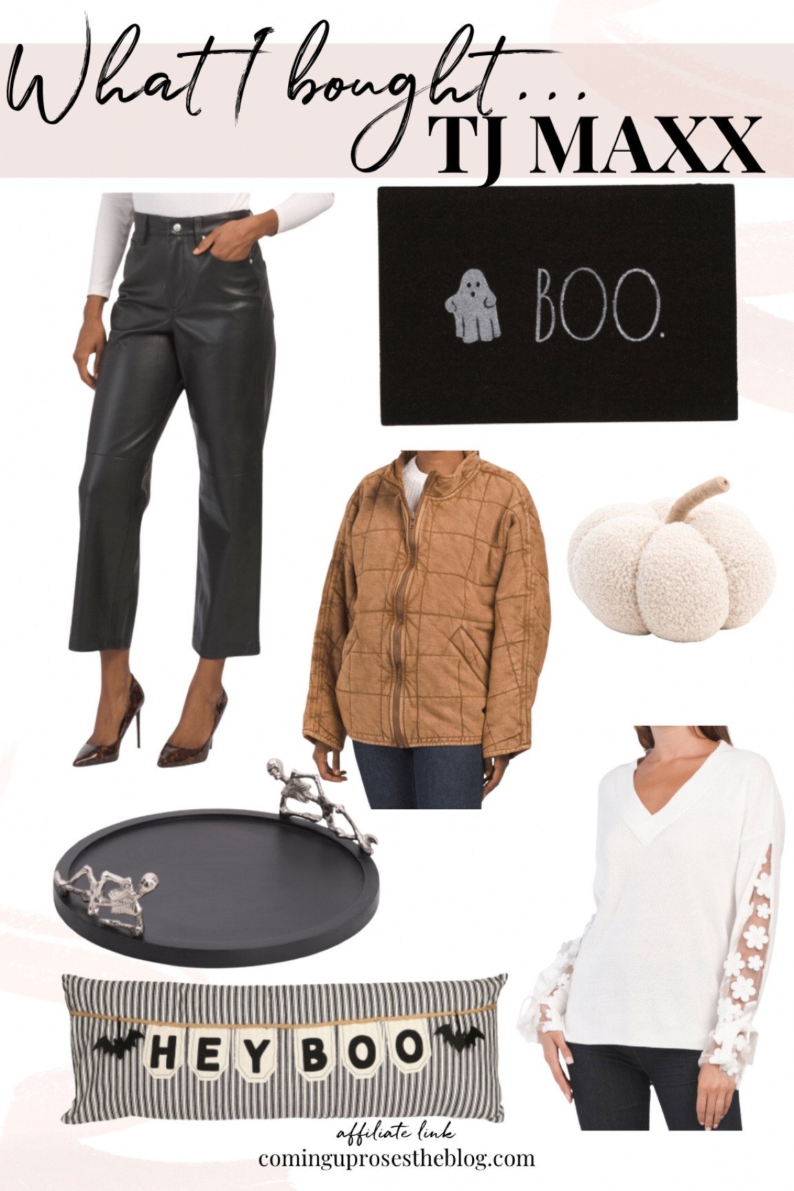 My most recent TJ MAXX order 🍁🖤 TJ Maxx fall finds // fall home decor // boo ghost doormat // faux leather cropped pants // sherpa pumpkin // quilted jacket // floral appliqué mesh shirt // skeleton serving tray // hey boo long pillow 

#LTKSeasonal #LTKhome #LTKstyletip