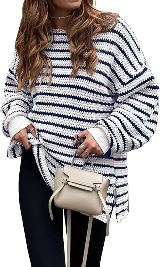 KIRUNDO Women's 2023 Fall Winter Oversized Long Sleeve Striped Sweater Casual Crewneck Side Split... | Amazon (US)