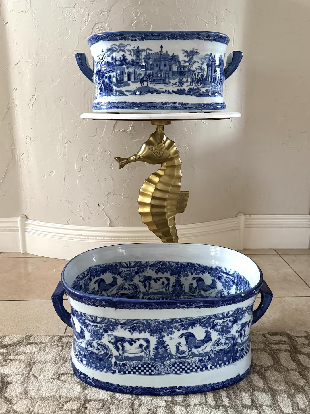 Choice of blue white Chinoiserie or farm animals design porcelain Foot Bath Cachepot Planter basi... | Etsy (US)