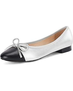 Womens Cap Toe Ballet Flats Bow Pointed Toe Slip On Office Work Comfort Dress Party Flat Shoes | Amazon (US)