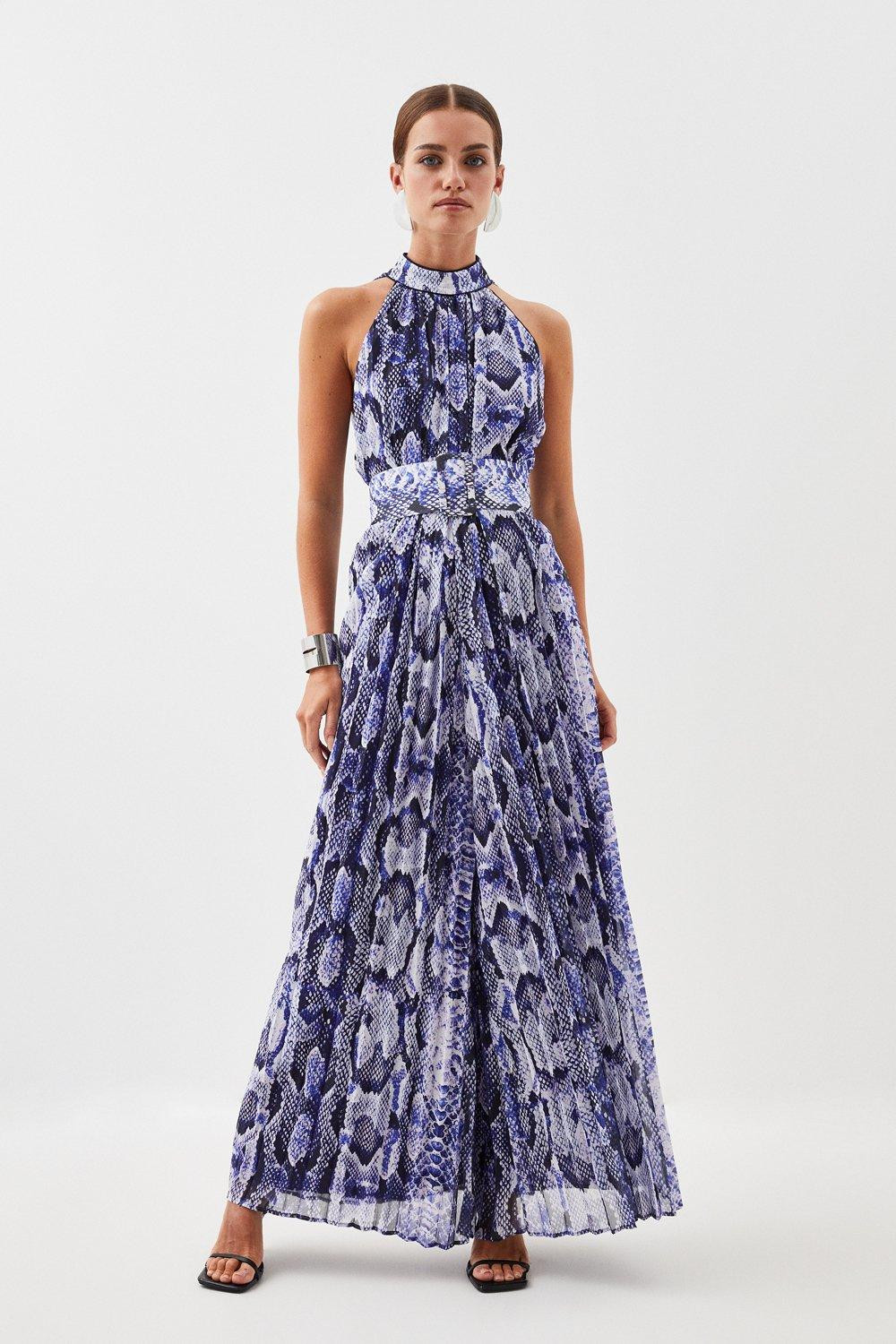 Petite Snake Georgette Belted Pleated Jumpsuit | Karen Millen US