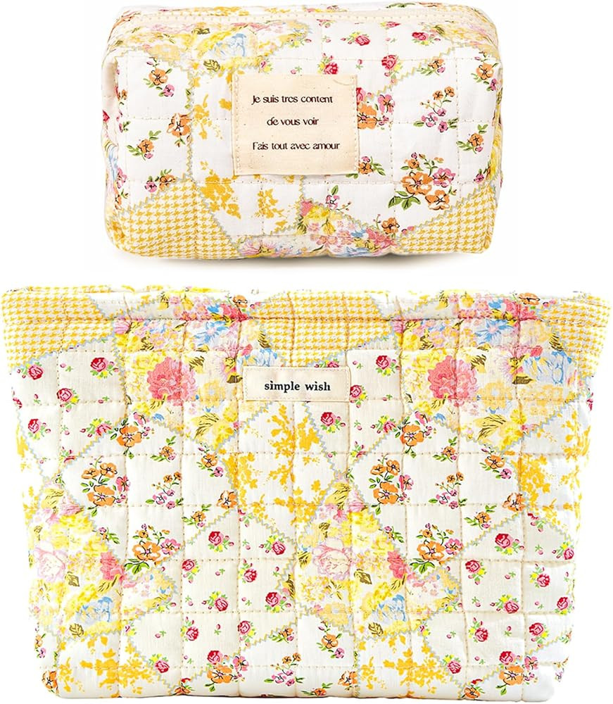 2 Pieces Floral Makeup Bag, Cute Travel Quilted Pouch Cosmetic Bag Organizer, Small Cotton Coquet... | Amazon (US)