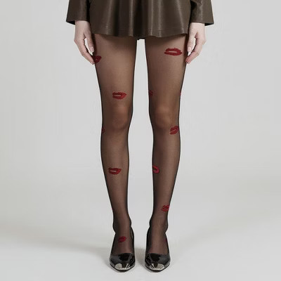 Anna-Kaci Women's Sheer Tights with Embroidered Lip Pattern Design - Black | Target