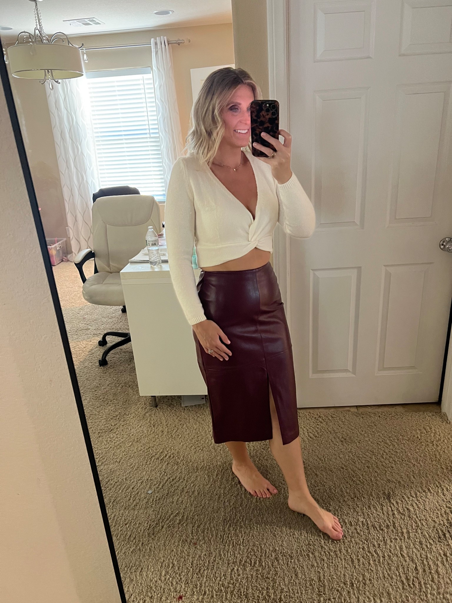 Burgundy leather skirt from Sam’s club crop cream knit sweater from old navy size medium 

#LTKSeasonal #LTKMidsize #LTKHoliday