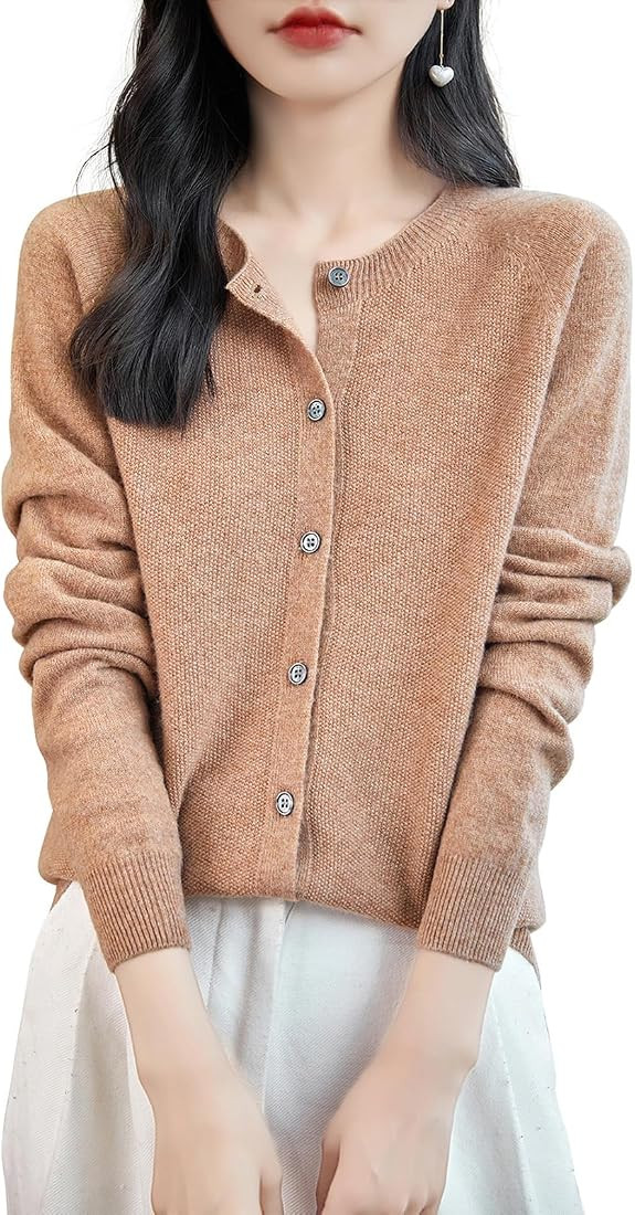 Women's Crewneck 100% Merino Wool Sweater 2024 Spring Fall Solid Long Sleeve Seamless Knitted Car... | Amazon (US)