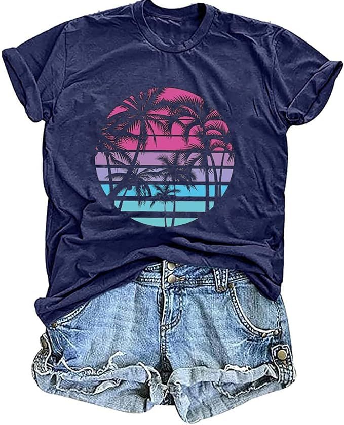 Hawaiian Shirts for Women Palm Trees Beach Graphic Tee Tops Summer Vacation Short Sleeve Tshirt T... | Amazon (US)