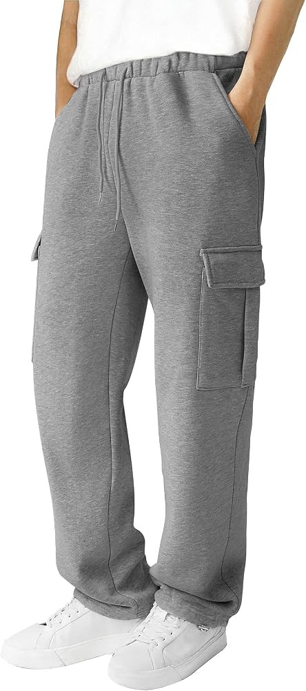 Men's Fleece Cargo Sweatpants Loose Fit Cotton Joggers with 5 Pockets Open Bottom for Gym Hiking ... | Amazon (US)