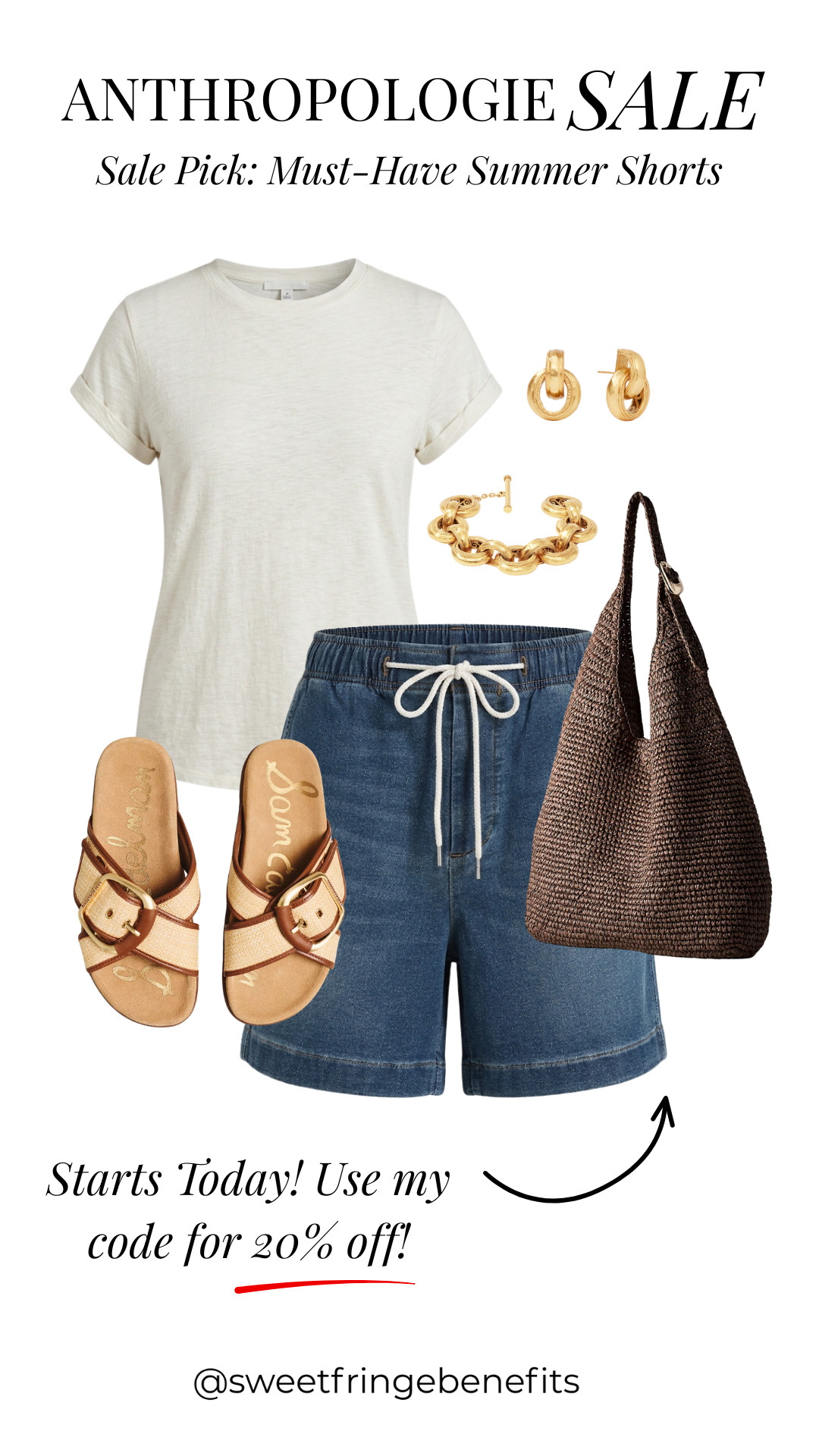 A great pair of summer shorts makes getting dressed so easy 🫶🏻

I love the relaxed fit, comfortable waistband, and effortless feel of these. Styled with a neutral tee, woven slides, and a textured bag for an easy everyday summer look 🤎

Anthropologie sale starts today , use code NANETTE20 for 20% off. 

Everything is linked here.  

 #LTKootd #LTKOver40 #LTKSaleAlert