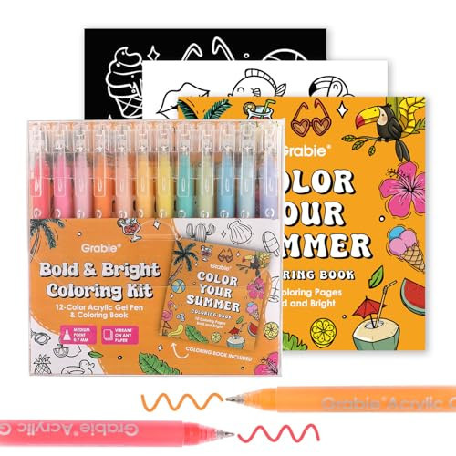 Grabie Coloring Kit, Acrylic Gel Pens Set with Coloring Book, 1.0mm Medium Tip Opaque Gel Pens for Adult Coloring Books, Drawing, Journaling, Planner, Art Supplies Gift Set of 12 Summer Colors | Amazon (US)