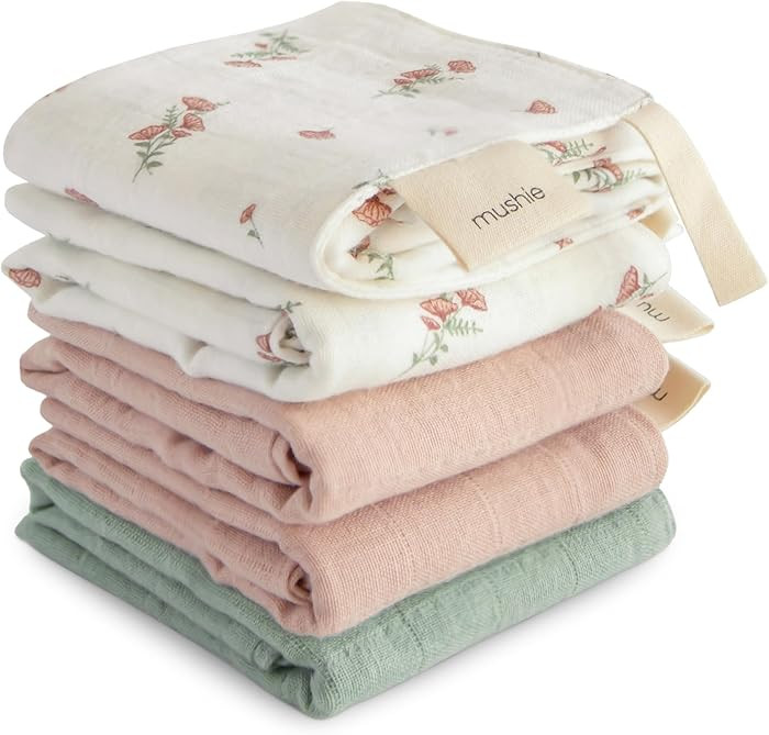mushie Muslin Organic Cotton Washcloths 5-Pack (Pink Flowers Combo) | Soft Wipes for Baby Cleanup... | Amazon (US)