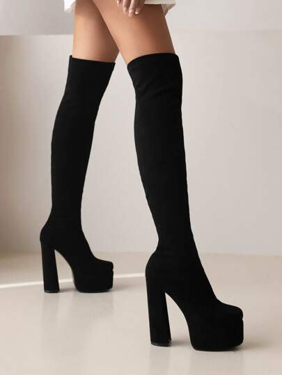 Women Black Minimalist Platform Chunky Heeled Boots, Elegant Square Toe Slip-On Sock Boots | SHEIN