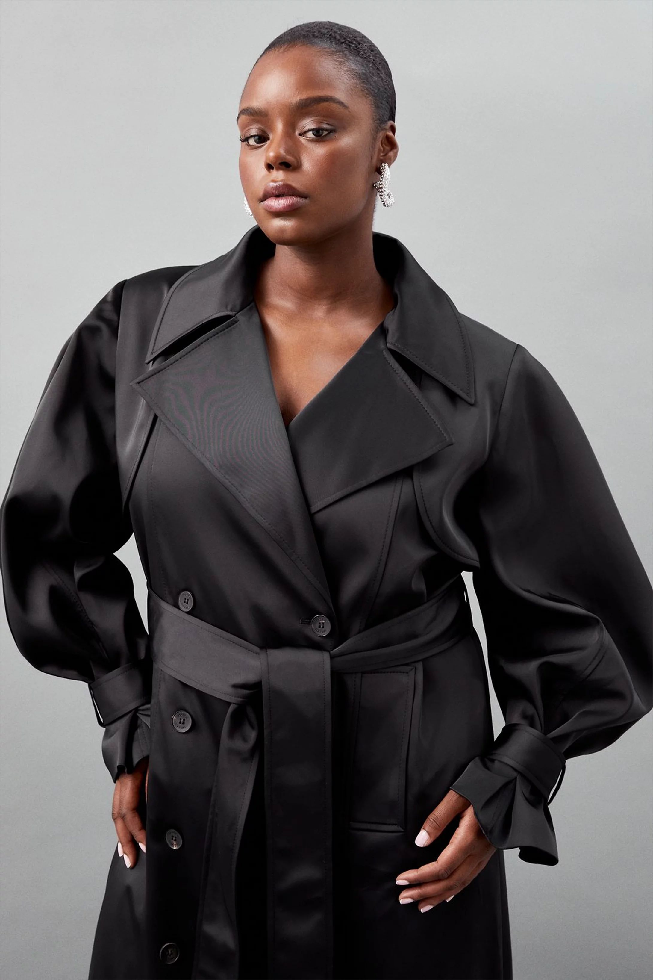 Plus Size Tailored Satin Maxi Belted Trench Coat | Karen Millen UK + IE + DE + NL