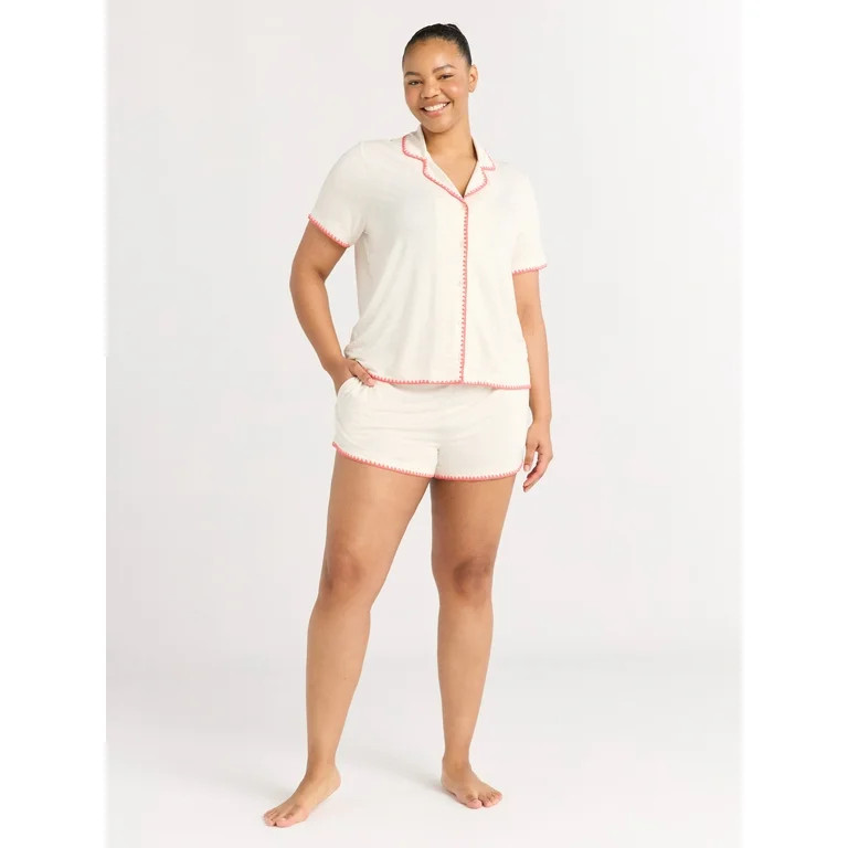 Joyspun Women’s Short Sleeve Notch Top and Shorts Pajama Set with Blanket Stitching, Sizes XS-3... | Walmart (US)