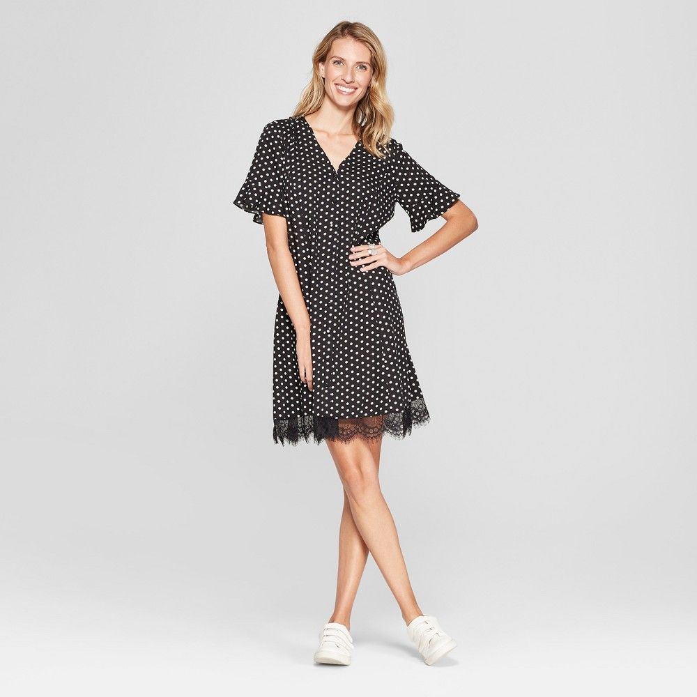 Women's Polka Dot Button Front Lace Trim Dress - Chiasso - Black S, Size: Small | Target