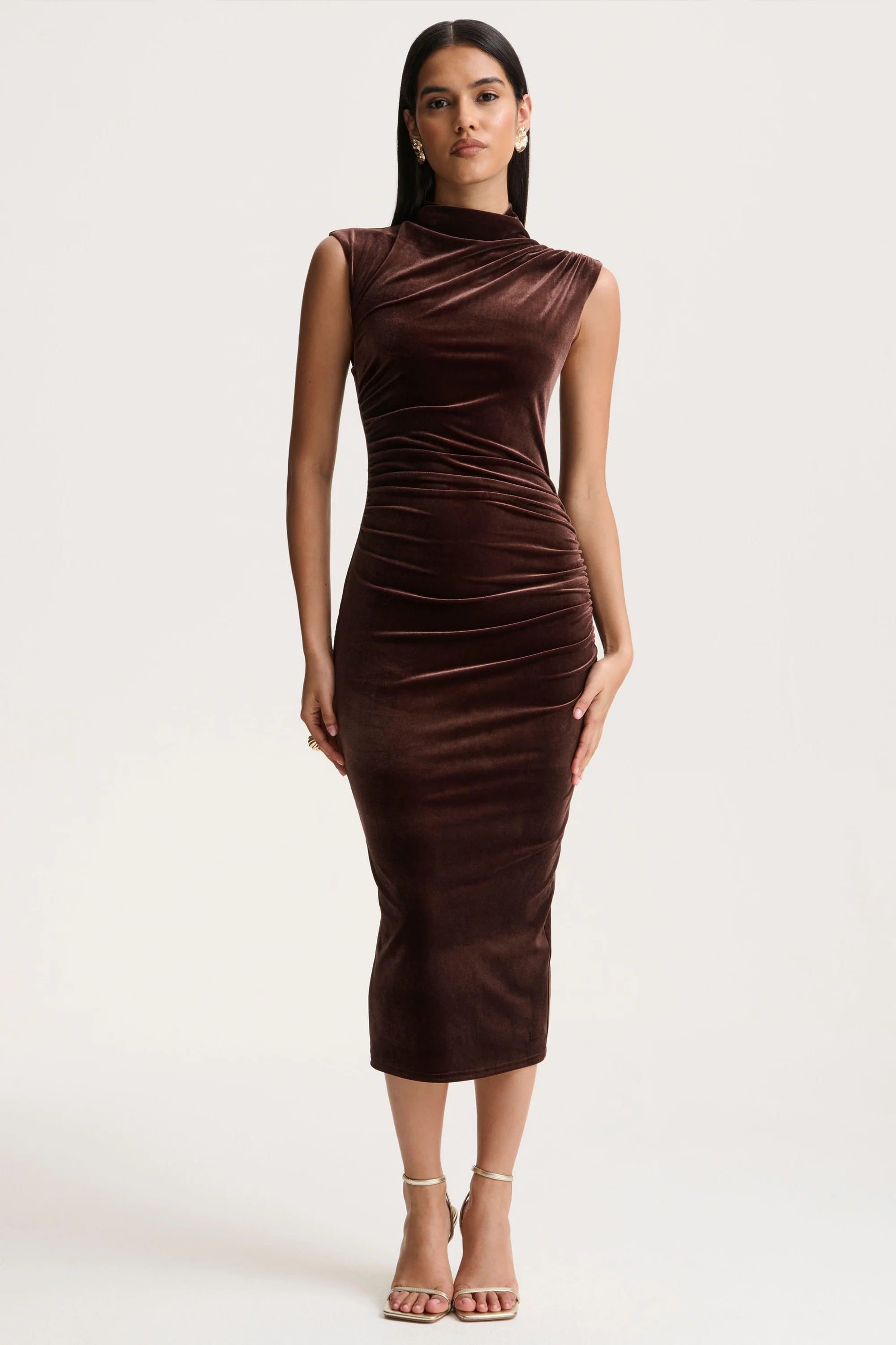 Novine | Brown Velvet High-Neck Midi Dress | Club L London